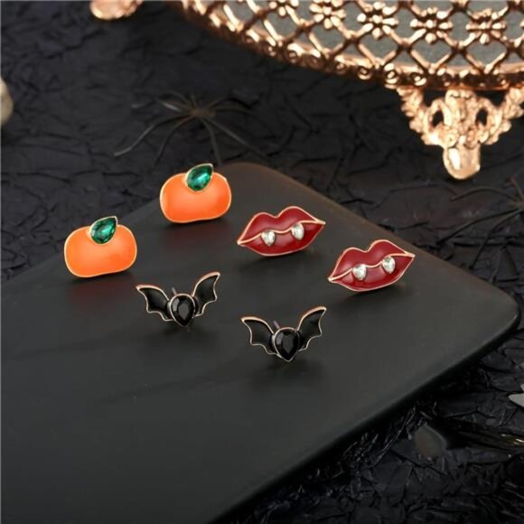 Lovely Halloween Stud Earrings Set | Pumpkin, Vampire Bat & Lip Designs. - Picture 3 of 6